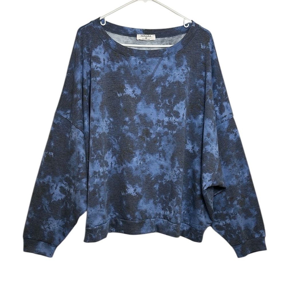 Zenana Size 1X Oversized Patterned Blue Dolman Sleeve Sweatshirt
